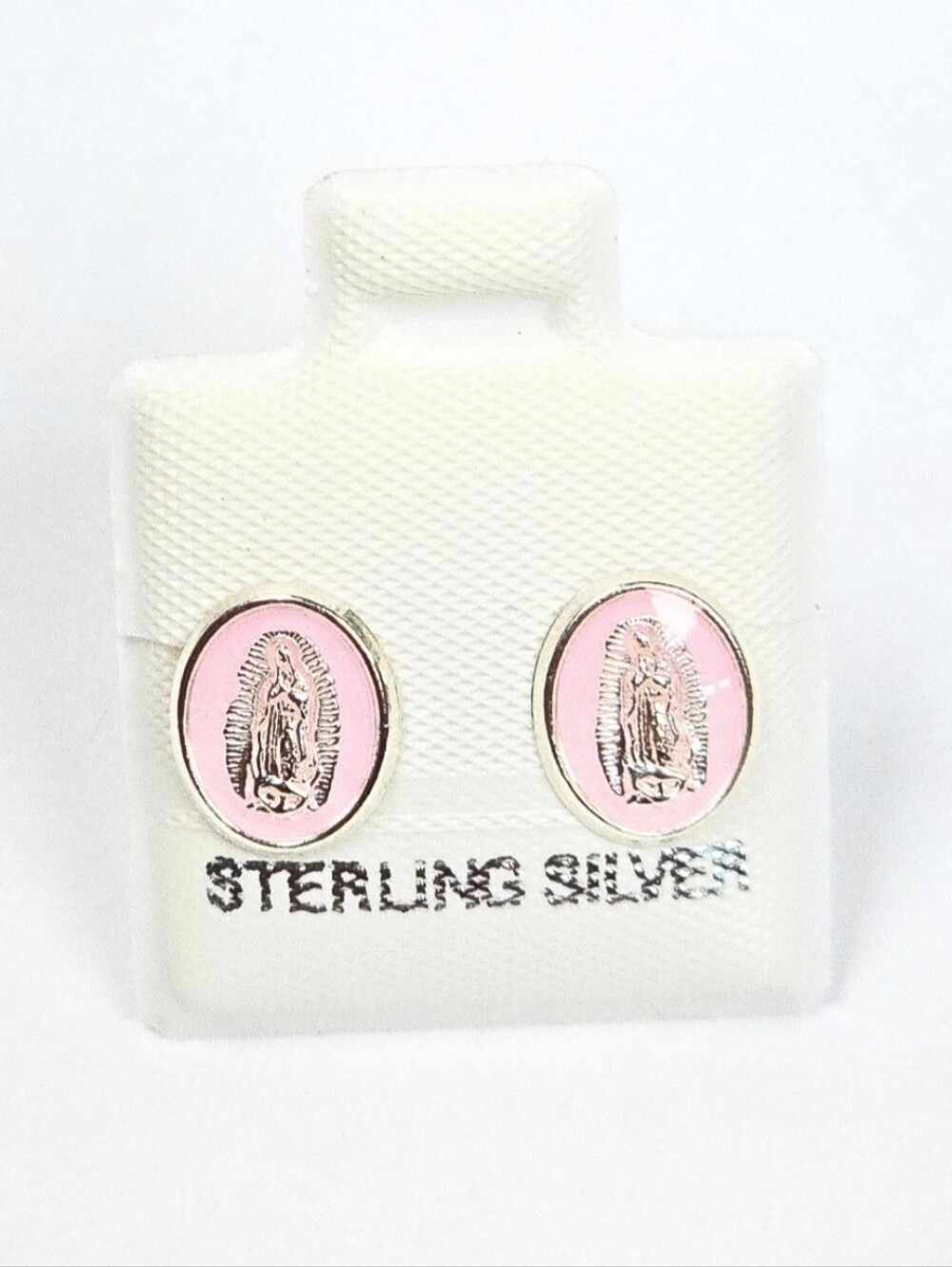 Virgin of Guadalupe Oval Stud Earrings 925 Sterling Silver Enamel Pink - 10mm